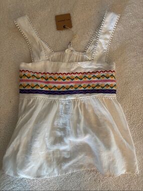 Blu Pepper White Sleeveless Top with Multicolor Embroidered Band